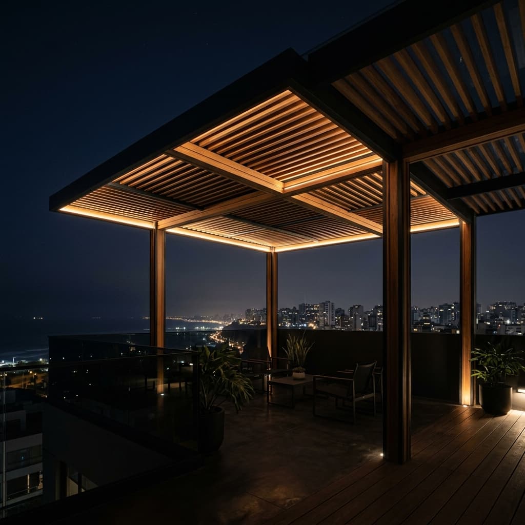 Terraza moderna con distribución pensada, iluminación cálida y mobiliario exterior.